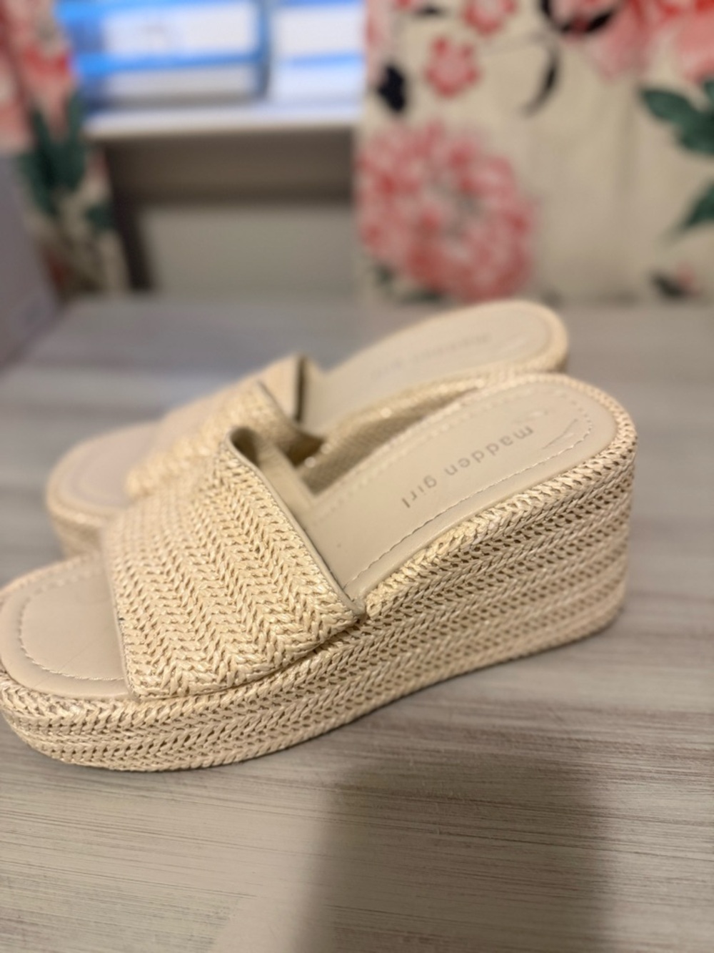 Madden Girl Cream Braided Platform Slide Sandals